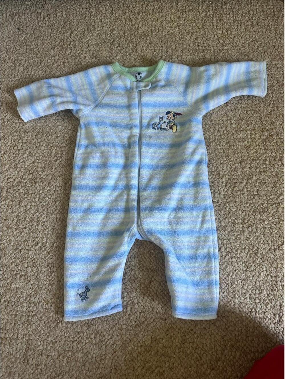 vintage Disney Pinocchio Fleece blue and white striped baby romper